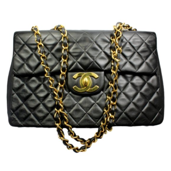 1995 Chanel Jumbo XL Maxi Black Quilted Lambskin Single Flap Handbag Purse